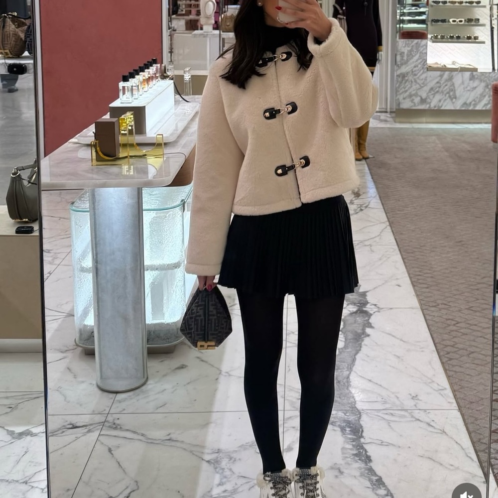 Zara Ivory Faux Fur Coat with Black Accents